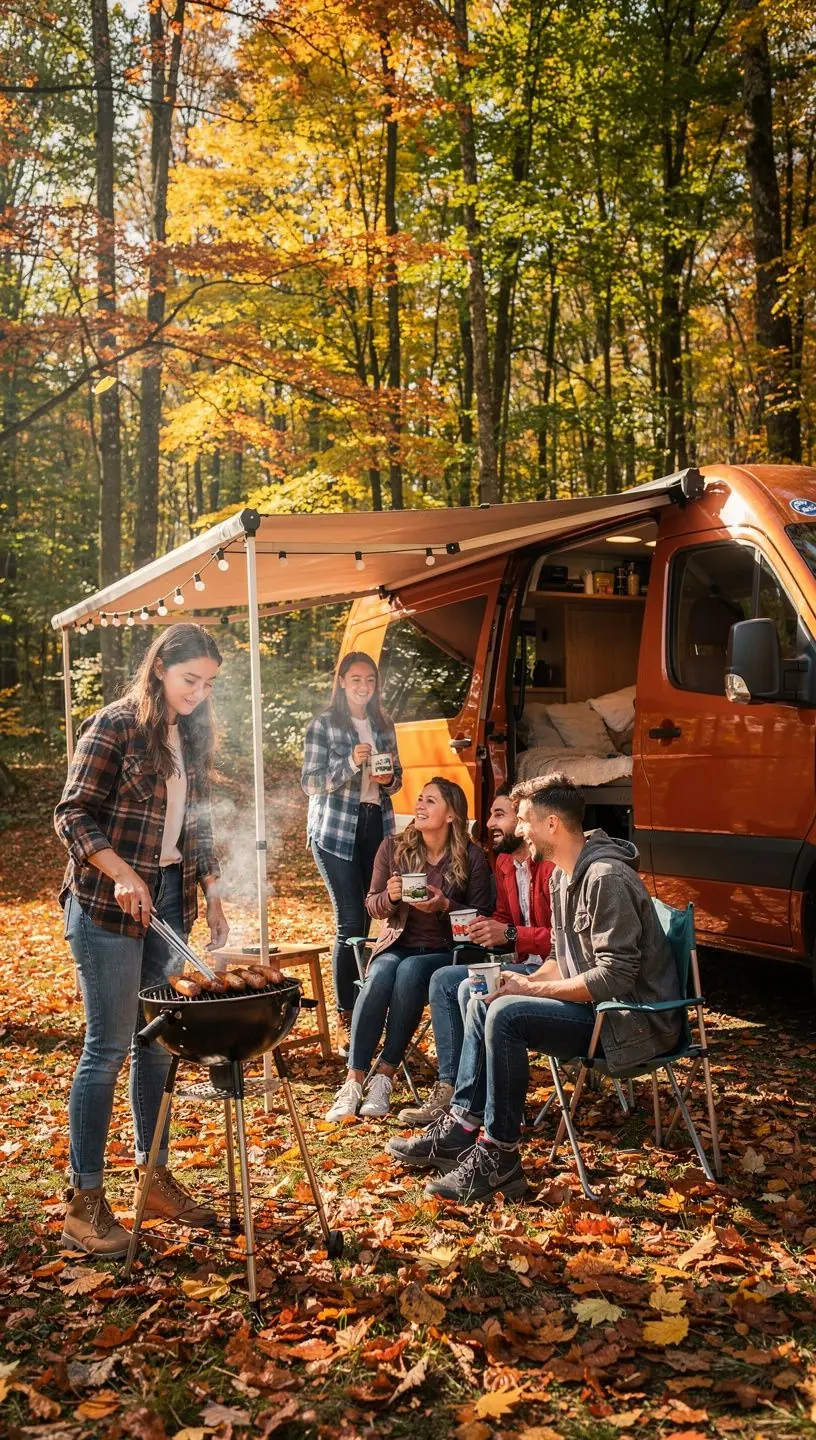 Cestovateľ objavuje prírodné krásy Slovenska pri zaparkovanom campervane v horskej oblasti.